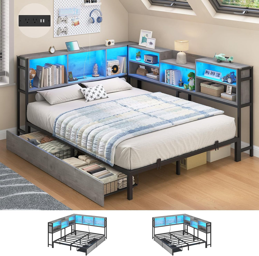 Hasuit Corner Bed Frame Queen with Storage Bookcase and Drawers, Queen Size D...