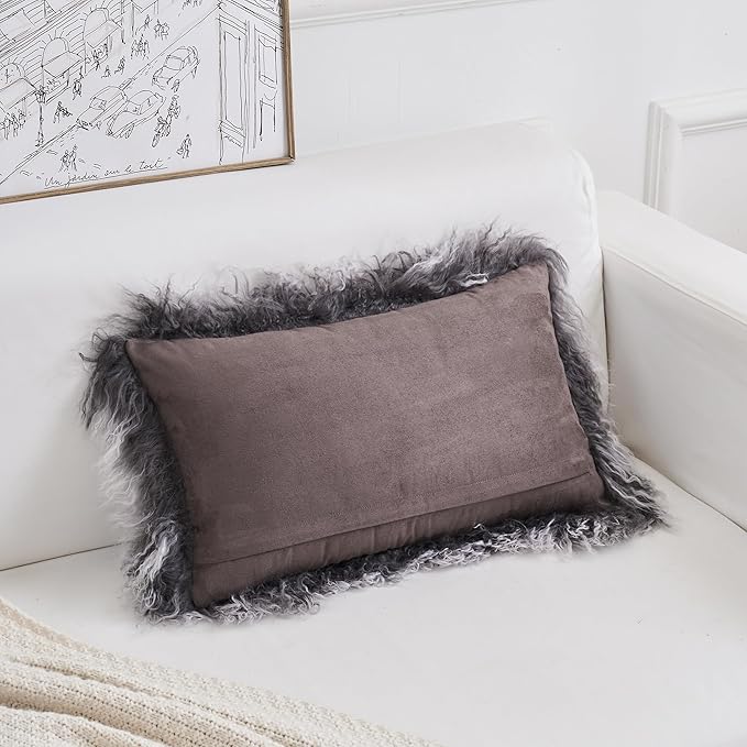 Genuine Mongolian Lamb Fur Pillow Cover – 12"x20" Rectangular Cushion Case – - Image 4