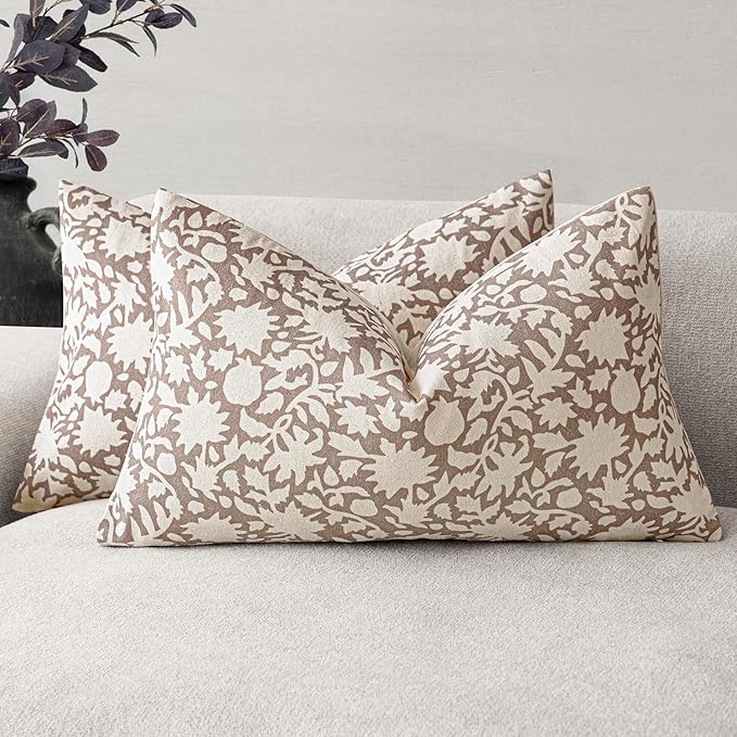 Foindtower Set of 2 Decorative Neutral Floral Lumbar Throw Pillow Covers Accent by Foindtower