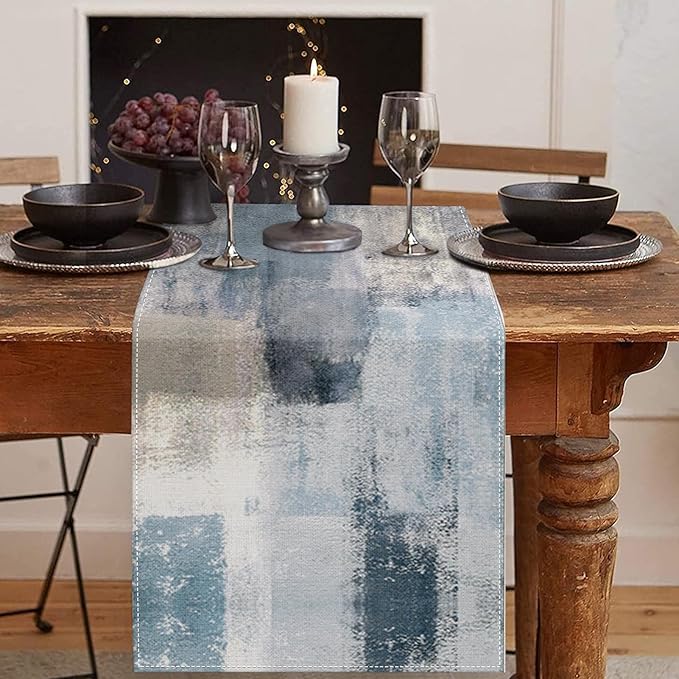 Emvency Farmhouse Table Runner, Vintage Blue and Grey Abstract Art Painting by Emvency