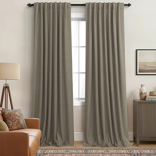 KOUFALL Dark Taupe Brown Curtains 108 Inches Long Blackout Linen Back Tab by KOUFALL