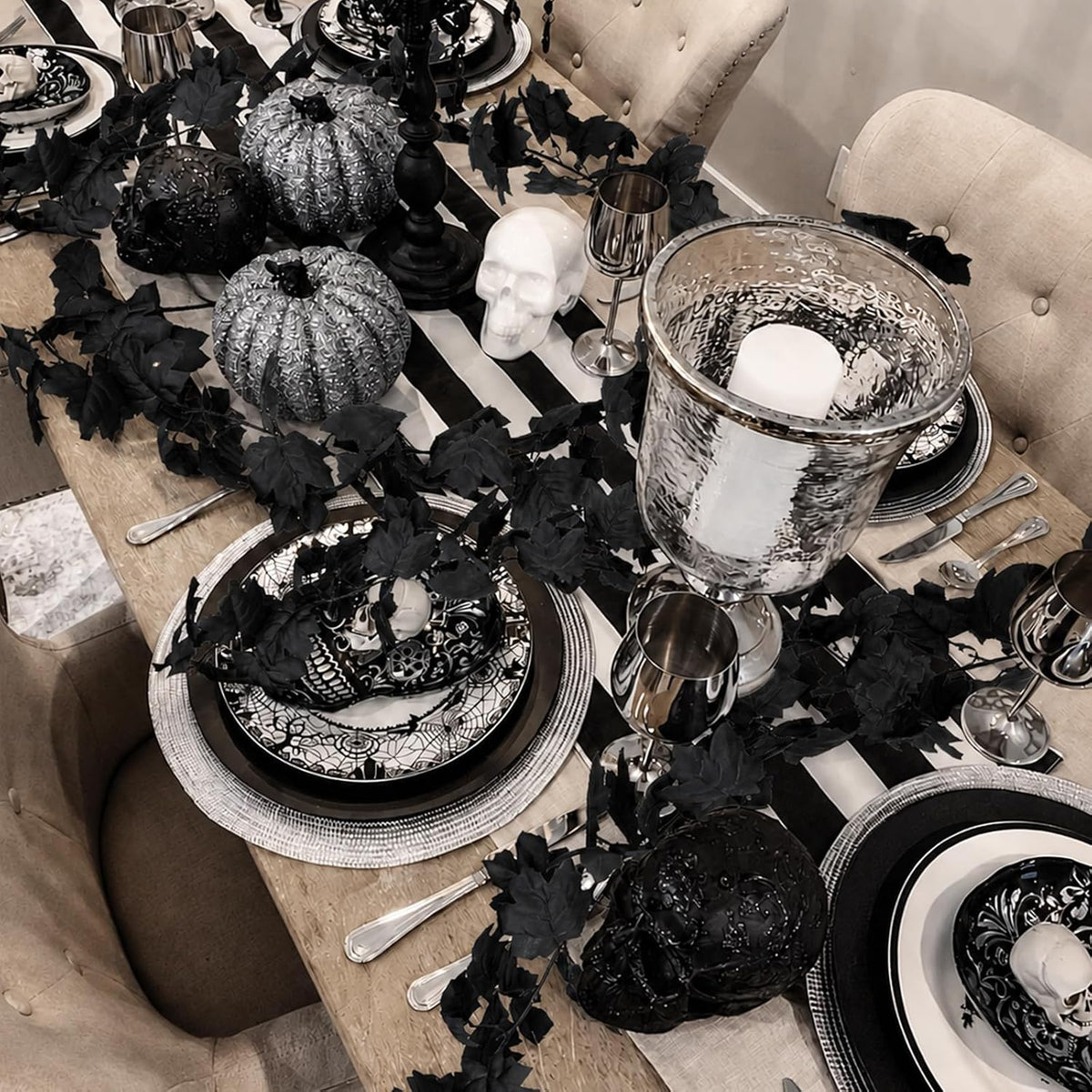 48FT Black Halloween Garland 8pcs Maple Leaf, Table Mantel Gothic Decor