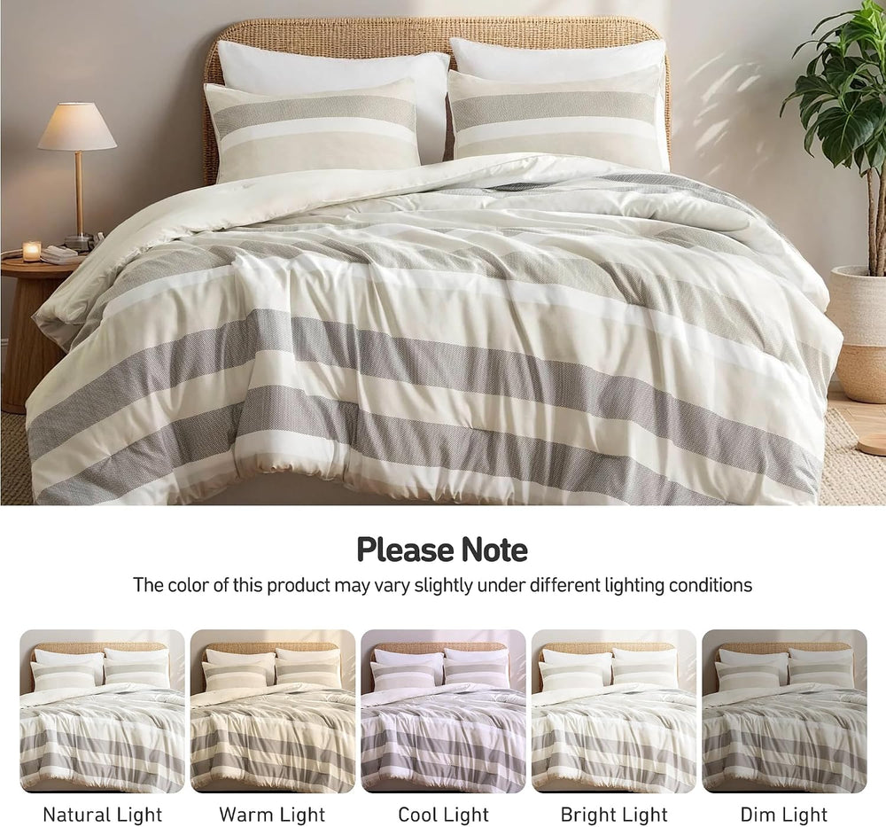 King Size Striped 3 Pieces Comforter Set, Neutral