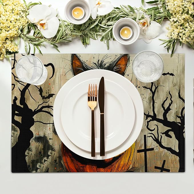 Halloween Black Cat Pumpkin 12x18 Placemats Set of 4 Happy Halloween Bat Branch - Image 3
