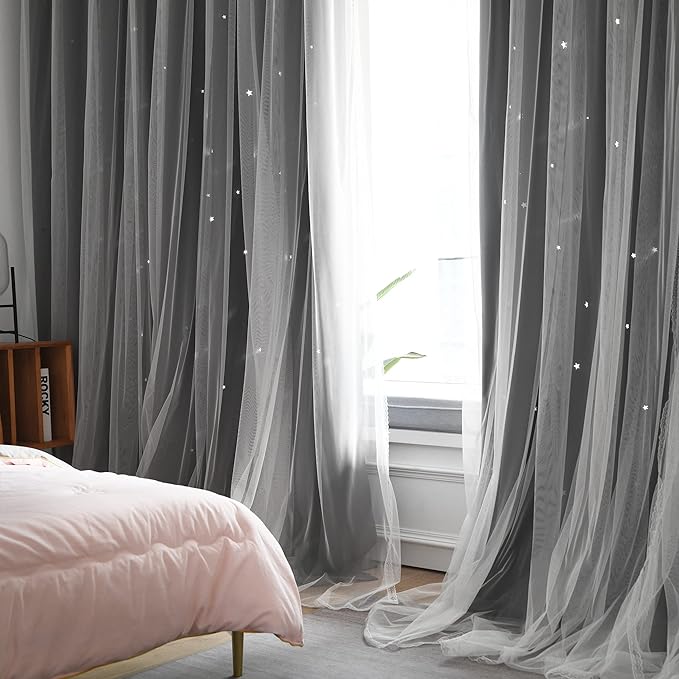Kinryb Star Cut-Out Grey Blackout Curtains Heavy Duty Double Layer Blackout - Image 3