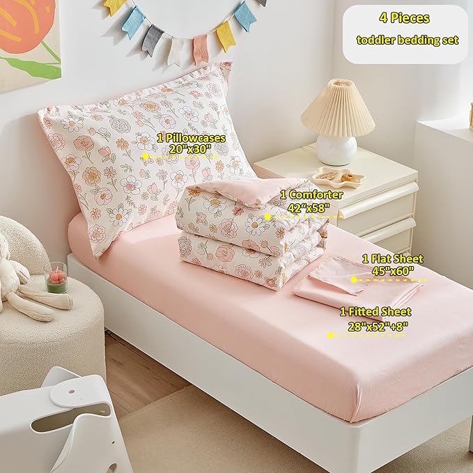 DuShow Floral 4 Piece Girls Toddler Bed Comforter Set Pink Flower Reversible - Image 5