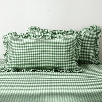 2 Pack Christmas Green White Plaid Ruffle Gingham Pillow Shams Standard Size by KMASANIJI