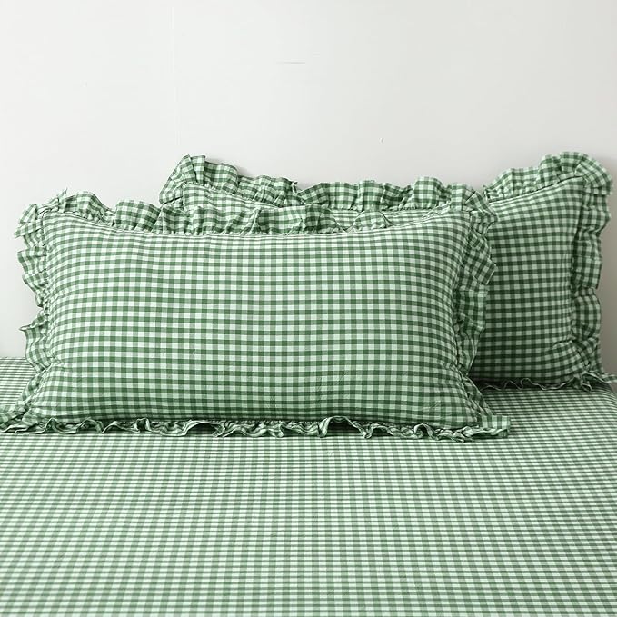2 Pack Christmas Green White Plaid Ruffle Gingham King Size Pillow Shams by KMASANIJI