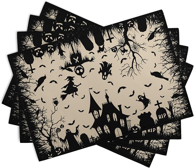 Halloween Placemats 12x18 Inch Set of 4 Black White Witch Castle Ghost Place - Image 2