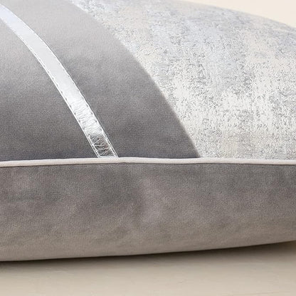 Alerfa 20 x 20 Inch Gray Silver Leather Patchwork Velvet & Polyester Cushion - Image 5