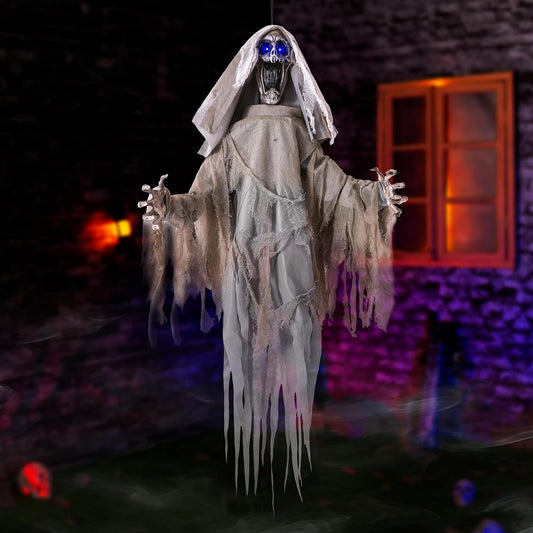 Halloween Animatronics Decorations Scary Hanging Ghost, 59'' Animated Halloween Skeleton Decor Motion Activated with Creepy Sound, Light Up Eyes, Party Decorations for Haunted House Indoor Outdoor