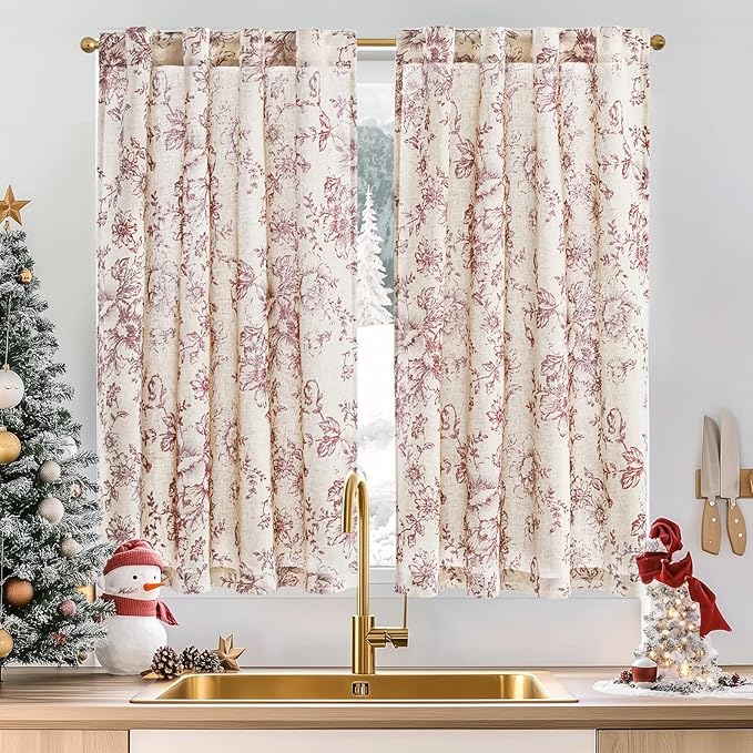 jinchan Linen Floral Tier Curtains 45 Inch Christmas Decorations Farmhouse by JINCHAN