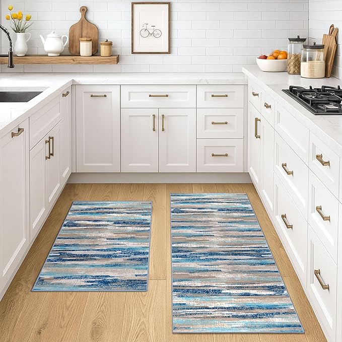 Modern Abstract Kitchen Rug Set of 2, 2x3 and 2x5 Blue Washable Rug Runner Non by lansny