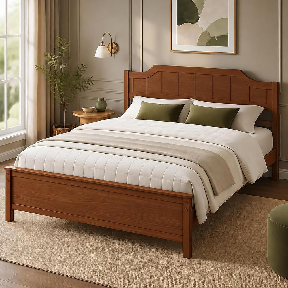 KOMFOTT Queen Size Bed Frame with Headboard, Wood Platform Bed (Walnut)