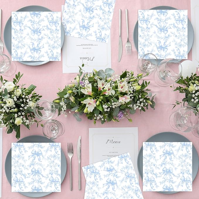 50 Pcs Blue Bow Napkins Coquette Party Supplies Pink Floral Disposable Cocktail - Image 4
