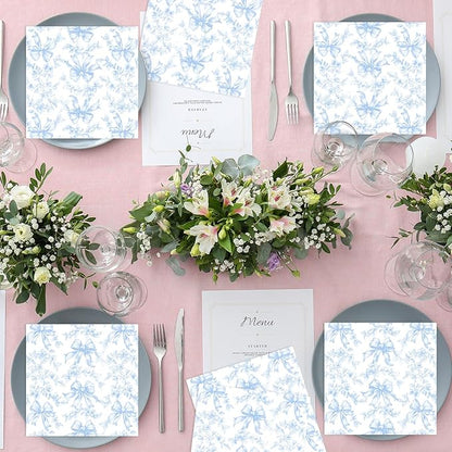 50 Pcs Blue Bow Napkins Coquette Party Supplies Pink Floral Disposable Cocktail - Image 4