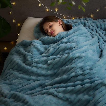 NEWCOSPLAY Super Soft Queen Blanket Blue Premium Silky Flannel Fleece 3D Ribbed - Image 2