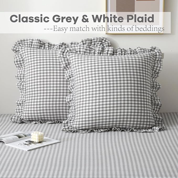 2 Pack Grey White Plaid Ruffle Gingham Euro Pillow Shams, 100% Washed Cotton - Image 2