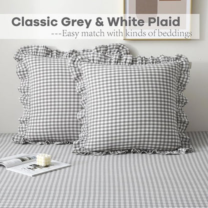 2 Pack Grey White Plaid Ruffle Gingham Euro Pillow Shams, 100% Washed Cotton - Image 2
