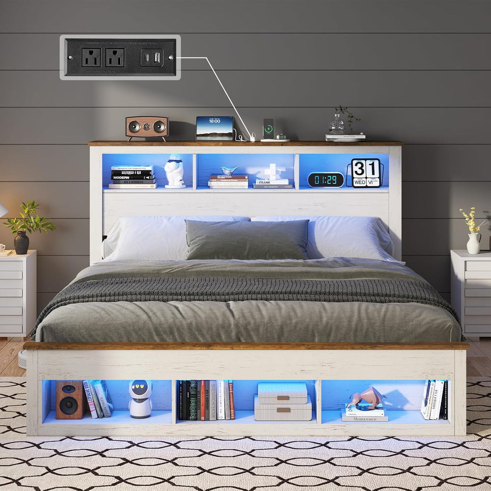 LUXOAK King Size Bed Frame with Storage Headboard and Footboard, White