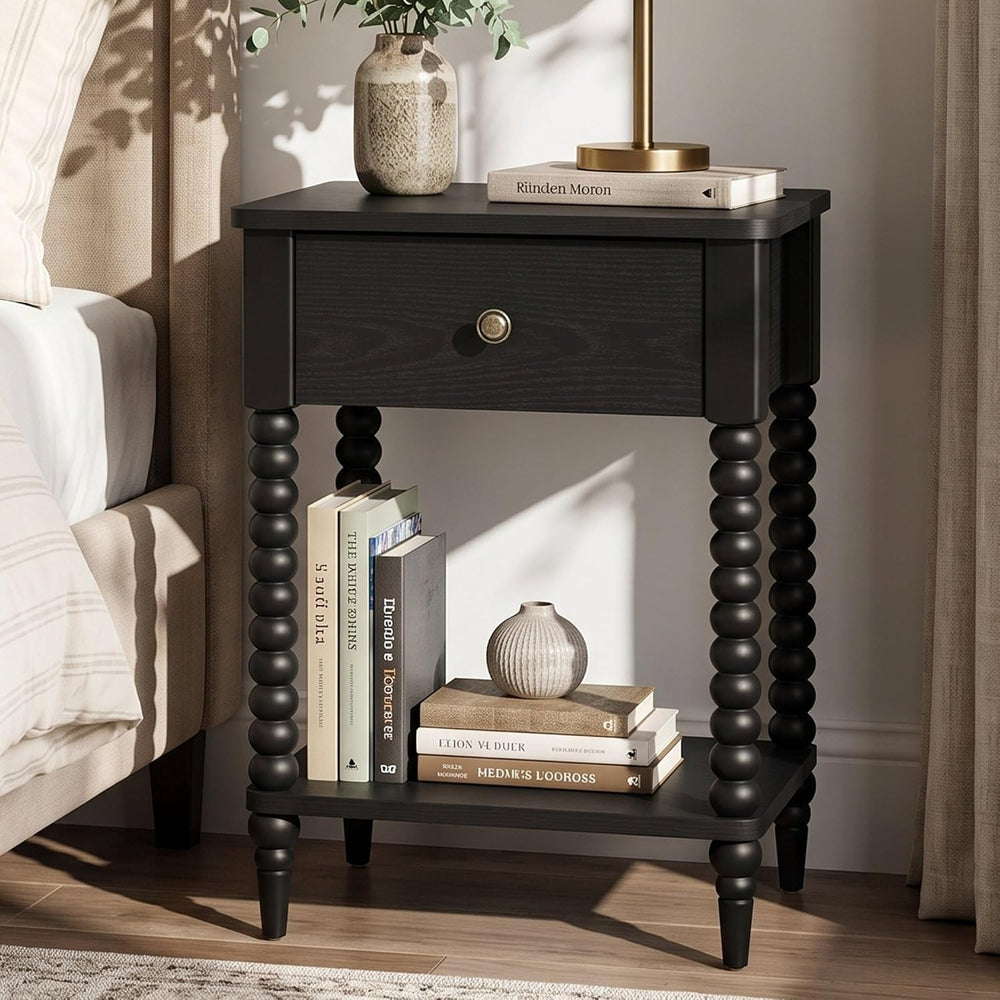 Black Nightstand, 25" H, Spindle Legs, Drawer & Open Shelf