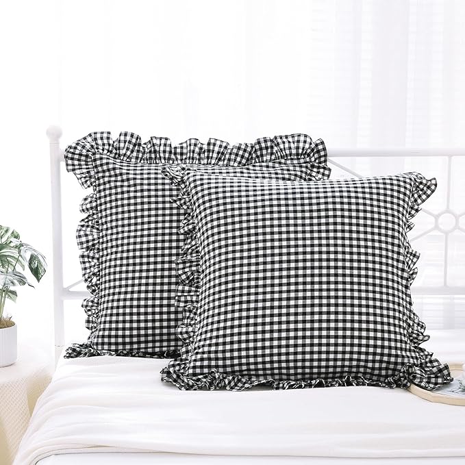 2 Pack Black White Gingham Ruffle Large Square Euro Throw Pillow Covers - Image 2