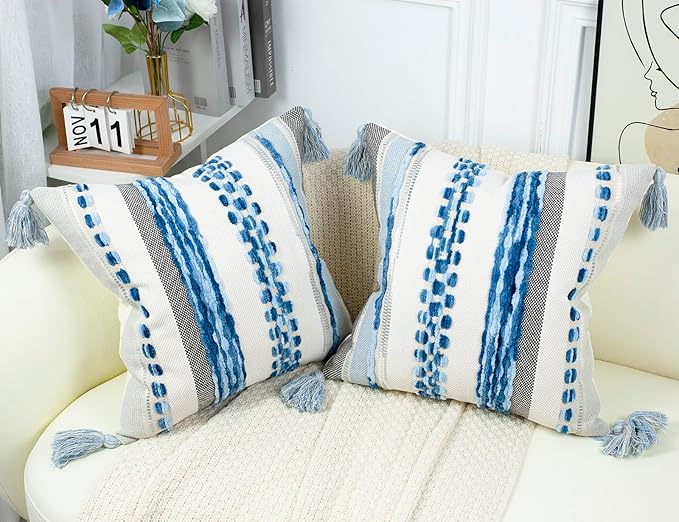 PANOD Chenille Farmhouse Throw Pillow Covers 18 x 18 Blue, Neutral Boucle Couch - Image 2