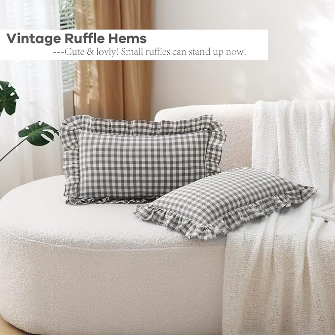 2 Pack Grey White Plaid Ruffle Gingham Lumbar Pillow Covers, 100% Washed Cotton - Image 3
