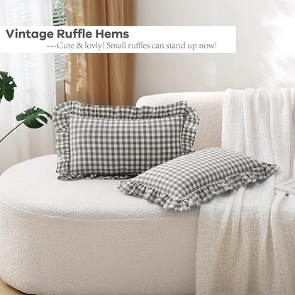 2 Pack Grey White Plaid Ruffle Gingham Lumbar Pillow Covers, 100% Washed Cotton - Image 3
