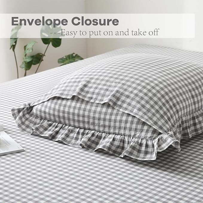 2 Pack Grey White Plaid Ruffle Gingham Euro Pillow Shams, 100% Washed Cotton - Image 4