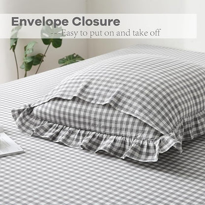 2 Pack Grey White Plaid Ruffle Gingham Euro Pillow Shams, 100% Washed Cotton - Image 4