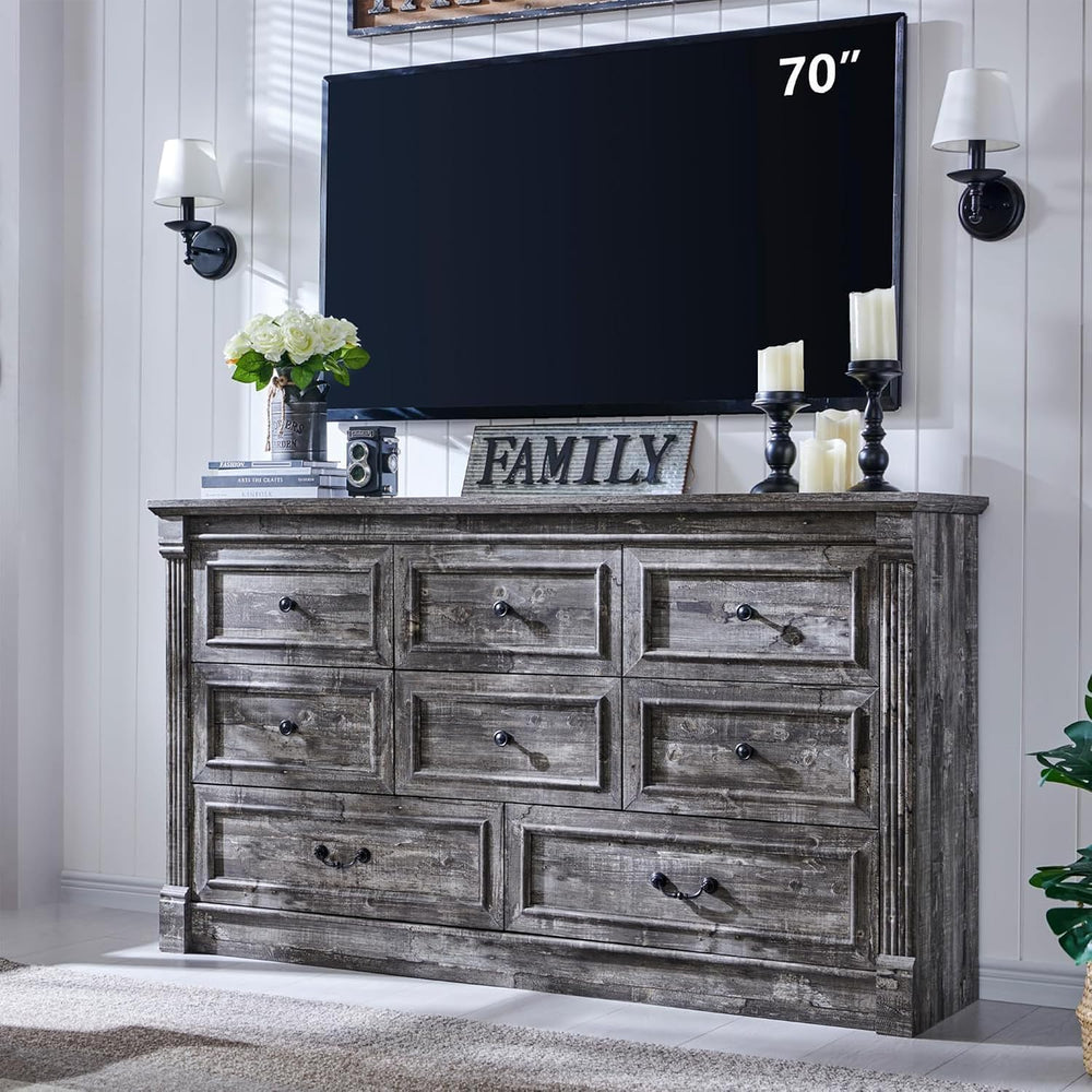 Aitjunz Farmhouse 61" Wide 8 Drawers Dresser for Bedroom, Light Grey