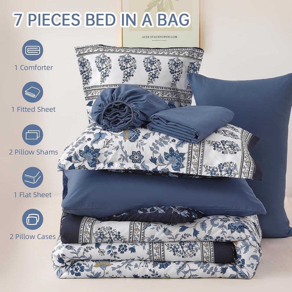 Comforter Set Queen Size Boho, Reversible Blue Bedding Paisley Floral