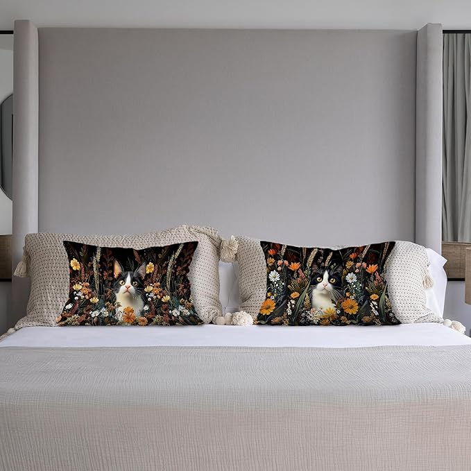 Moody Floral Black Cat Pillow Covers 12x20 Set of 2, Cat Mom Lady Lovers Gifts - Image 4