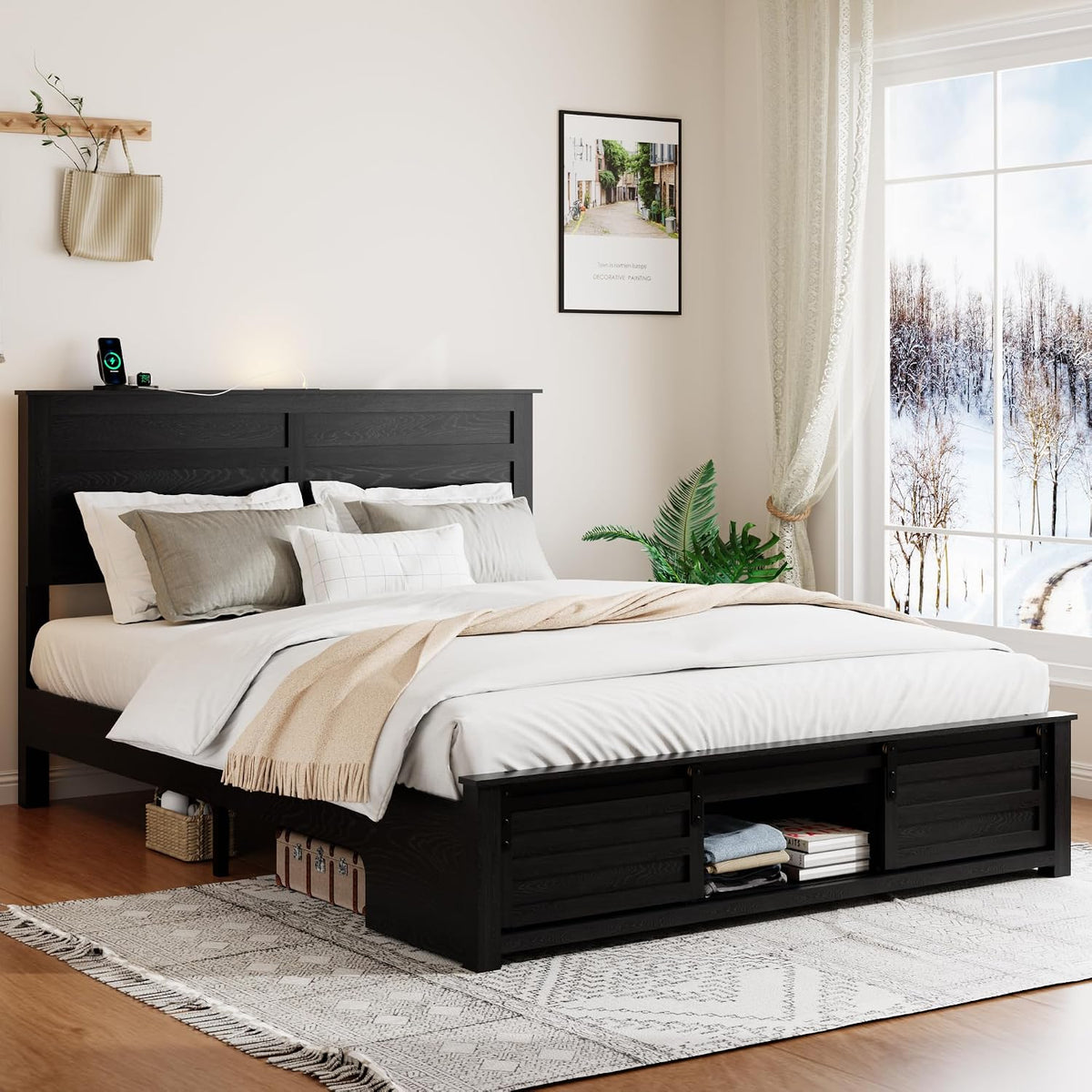 queen size wooden bed frame with headboard, farmhouse, main product view