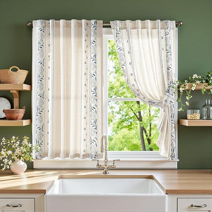 jinchan Winslow Linen Curtains 45 Inch Length Small Window Curtains Embroidered by JINCHAN