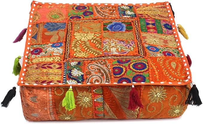 CRAFT KALA Indian Square Patchwork Traditional Pouf Cover Indian Living Room by CRAFTKALA