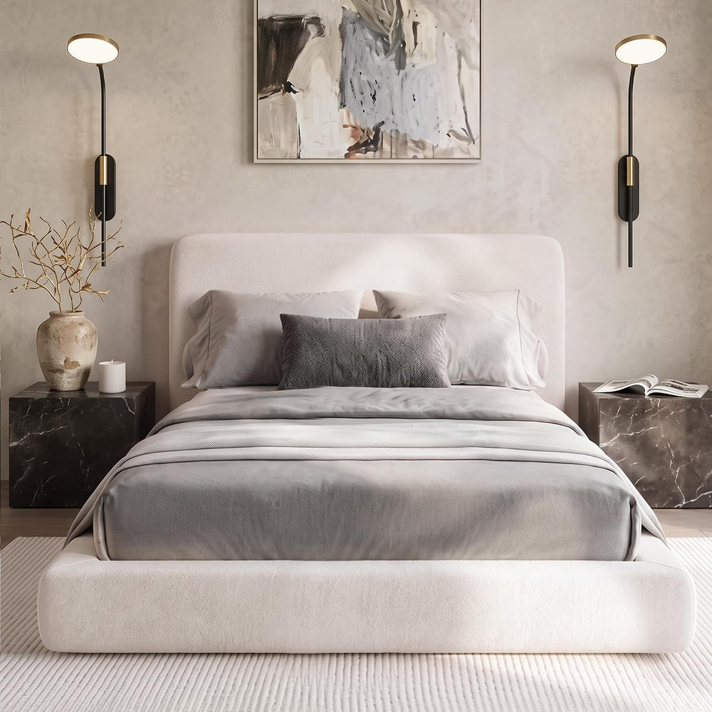Full Size Cloud Bed Frame, White Upholstered Platform Bed Frame, Bed Base