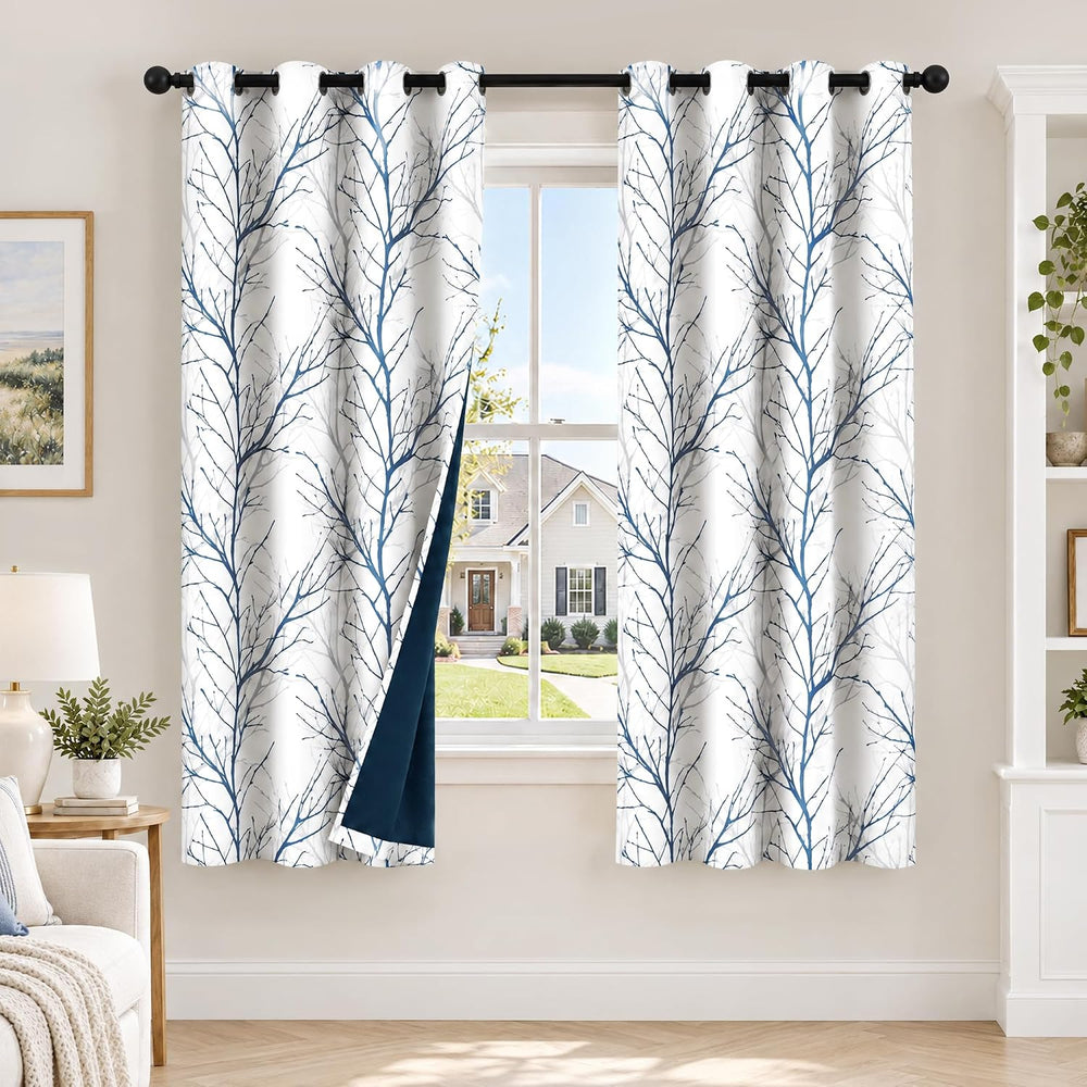 FMFUNCTEX 100% Blackout Blue Grey Tree Branch Curtains 63 Inch 2 Panels