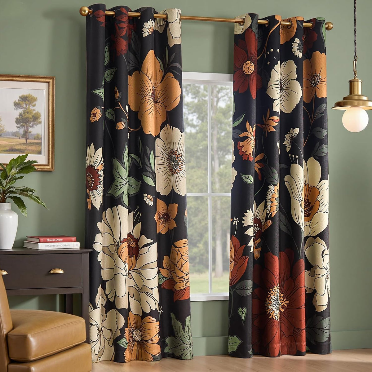 jinchan black boho floral blackout curtains 84 inch, close-up detail