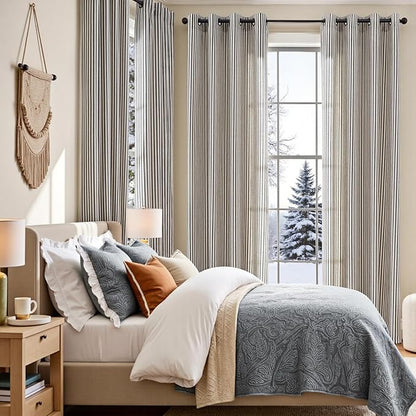 Vangao Linen Striped Black Curtains Boho Tickingstripe Light Filtering Window - Image 5