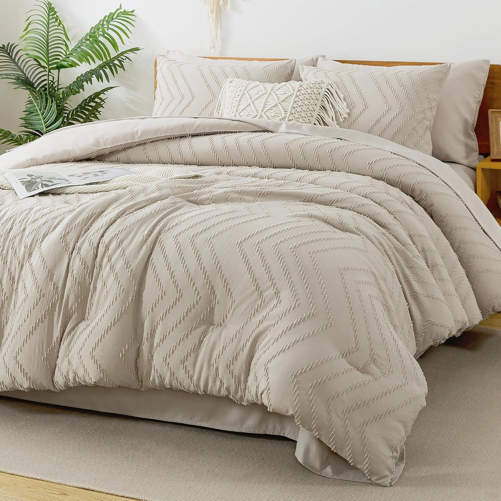 Litanika King Comforter Set with Sheets Oatmeal, 7 Pieces Boho Bed in a Bag