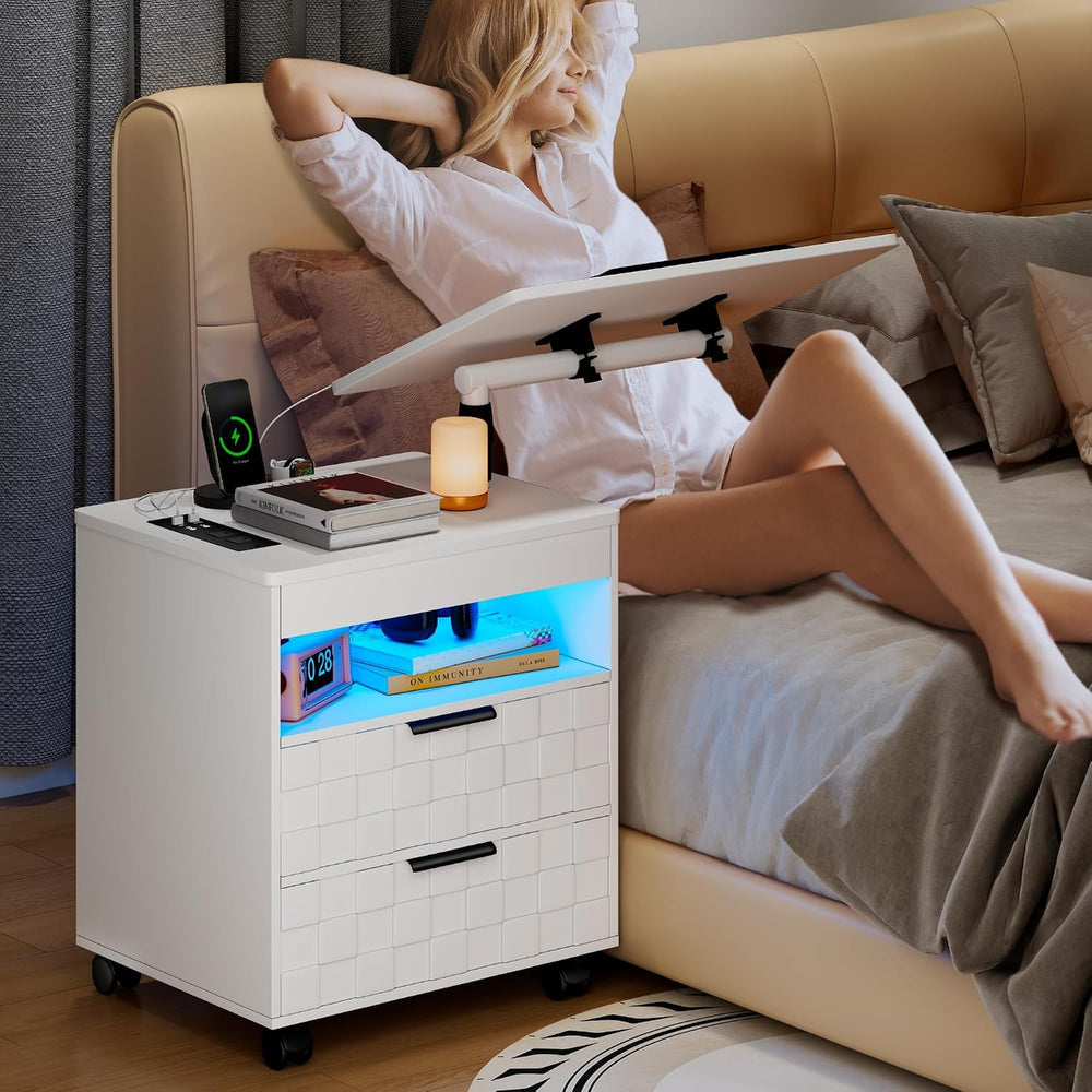 Lareth Rolling Nightstand with Wheels, LED Lights, Charging Station