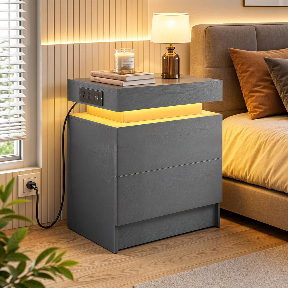 LIKIMIO Nightstand Set of 2 with Charging Station LED Light 2 Drawers Grey