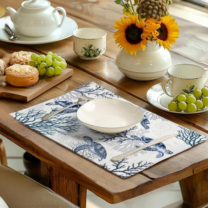 Coastal Beach Placemats Set of 4 Nautical Theme Coral Sea Turtle Navy Blue - Image 6