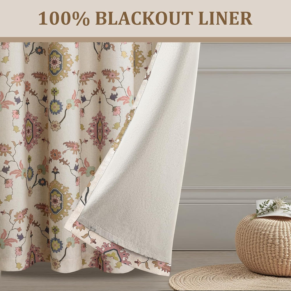 Boho Floral 100% Grommet Blackout Curtains 84 Inch 2 Panels