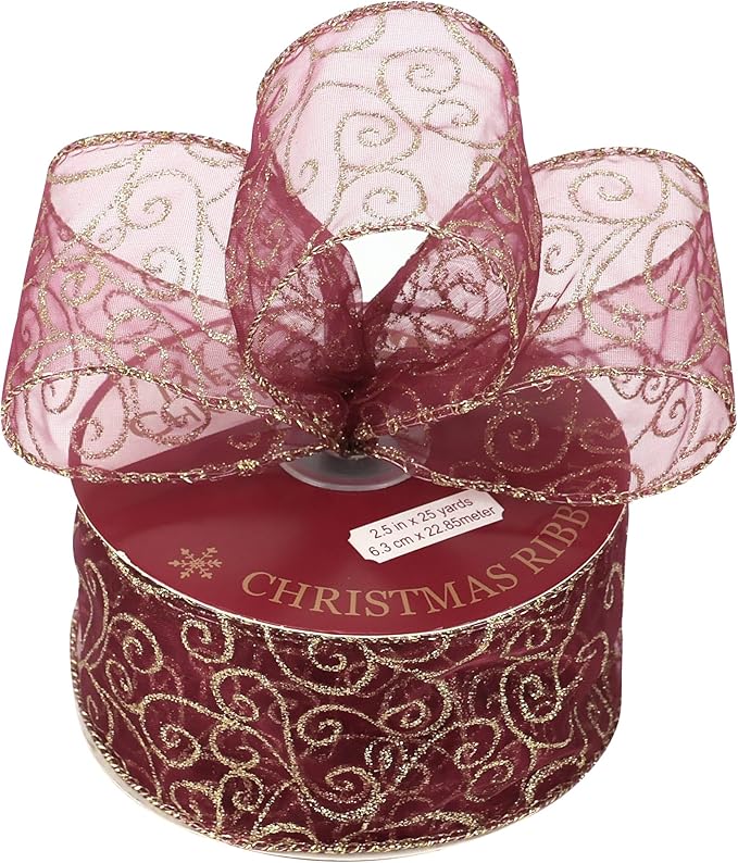 MEEDEE Red Gold Swirl Wired Ribbon 2.5 Inch Dark Red Sheer Ribbon - Image 7