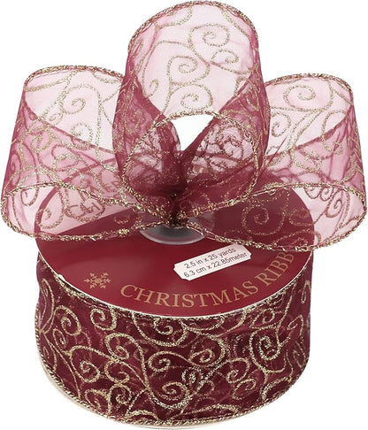 MEEDEE Red Gold Swirl Wired Ribbon 2.5 Inch Dark Red Sheer Ribbon - Image 7