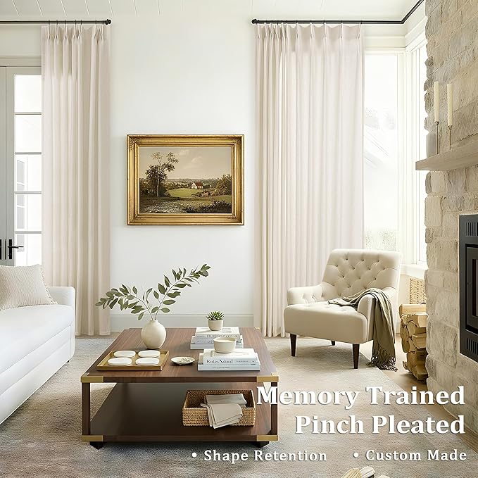 Cream Beige Linen Curtains 96 Inches Long Memory Shape Trained Pinch Pleated - Image 2