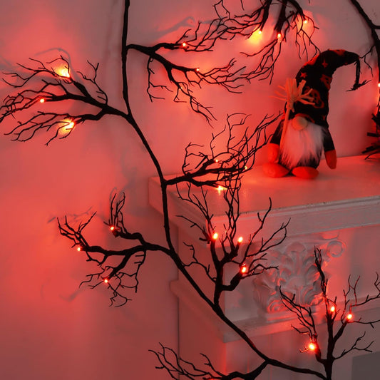 9 Ft 66 LED Willow Vine Twig Decor Black Halloween Garland with Orange Lights, Timer 8 Modes Waterproof Battery Operated Indoor Halloween Decorations for Wall Fireplace Mantle Home Office Party Decor